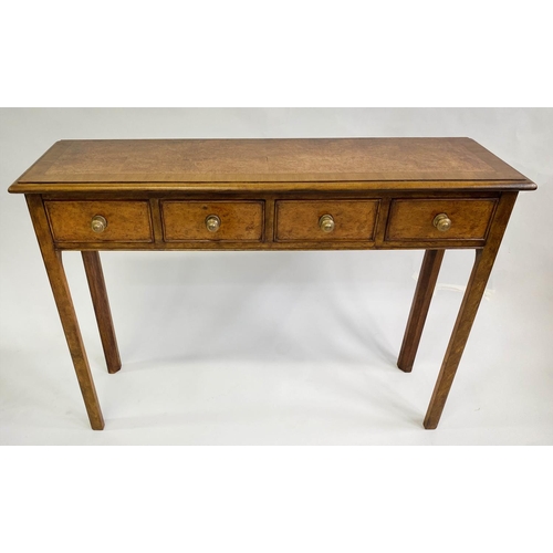 145 - HALL TABLE, George III design burr walnut and crossbanded with four short drawers, 111cm x 30cm x 76... 