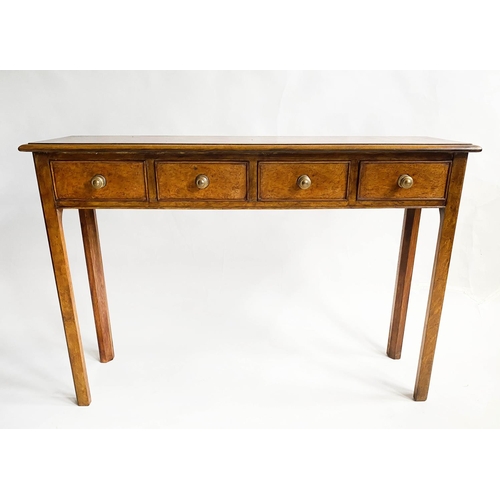 145 - HALL TABLE, George III design burr walnut and crossbanded with four short drawers, 111cm x 30cm x 76... 