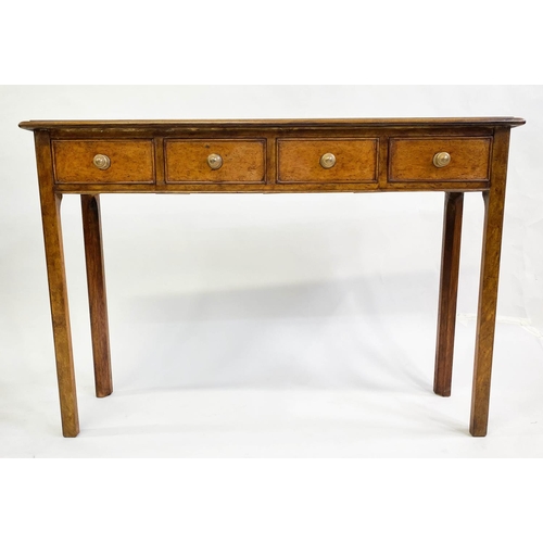 145 - HALL TABLE, George III design burr walnut and crossbanded with four short drawers, 111cm x 30cm x 76... 