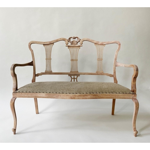 146 - HALL SEAT, late 19th century fruitwood with triple comb splat back and studded linen upholstered sea... 