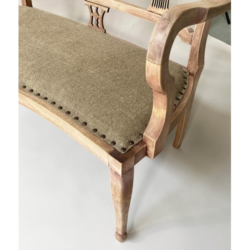 146 - HALL SEAT, late 19th century fruitwood with triple comb splat back and studded linen upholstered sea... 