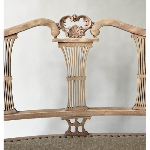 146 - HALL SEAT, late 19th century fruitwood with triple comb splat back and studded linen upholstered sea... 