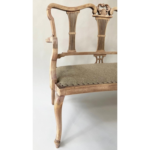 146 - HALL SEAT, late 19th century fruitwood with triple comb splat back and studded linen upholstered sea... 