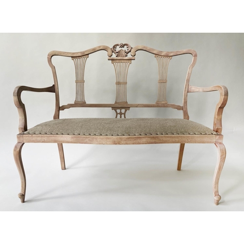 146 - HALL SEAT, late 19th century fruitwood with triple comb splat back and studded linen upholstered sea... 