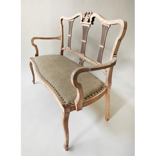 146 - HALL SEAT, late 19th century fruitwood with triple comb splat back and studded linen upholstered sea... 