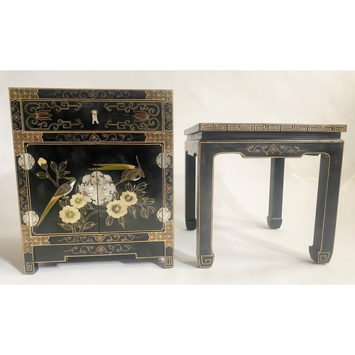 147 - CABINET, Chinese black lacquered and gilt Chinoiserie decorated with drawer and doors together with ... 