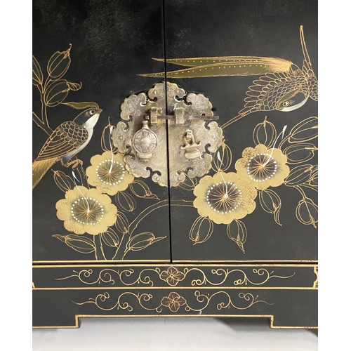 147 - CABINET, Chinese black lacquered and gilt Chinoiserie decorated with drawer and doors together with ... 