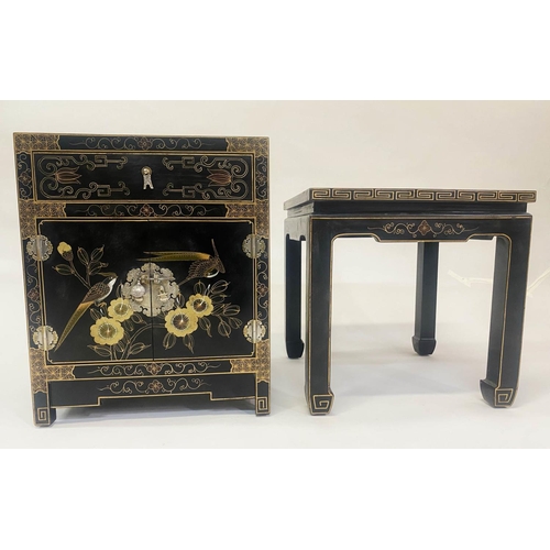 147 - CABINET, Chinese black lacquered and gilt Chinoiserie decorated with drawer and doors together with ... 