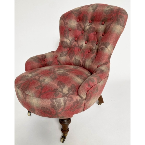 148 - ARMCHAIR, Victorian walnut with buttoned oak leaf and crimson/white blanket upholstery, 59cm.