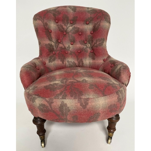 148 - ARMCHAIR, Victorian walnut with buttoned oak leaf and crimson/white blanket upholstery, 59cm.