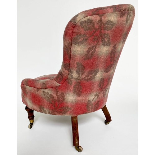 148 - ARMCHAIR, Victorian walnut with buttoned oak leaf and crimson/white blanket upholstery, 59cm.