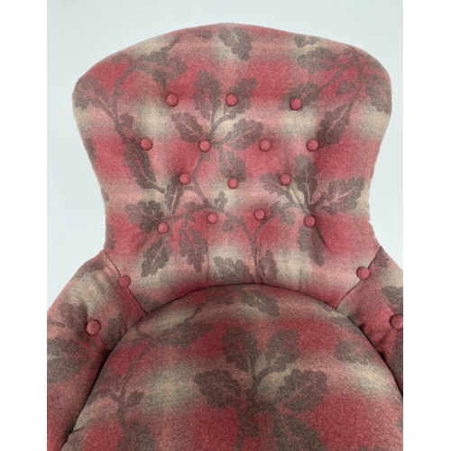 148 - ARMCHAIR, Victorian walnut with buttoned oak leaf and crimson/white blanket upholstery, 59cm.