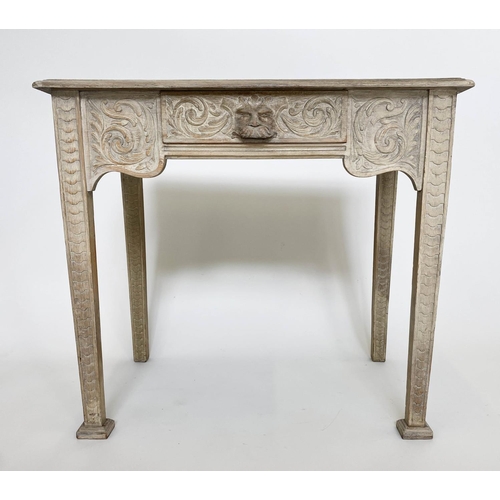 149 - LAMP/SIDE TABLE, French limed oak with lion mask drawer and fluted supports, 76cm H x 46cm x 85cm.