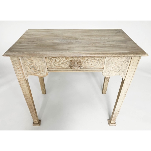 149 - LAMP/SIDE TABLE, French limed oak with lion mask drawer and fluted supports, 76cm H x 46cm x 85cm.