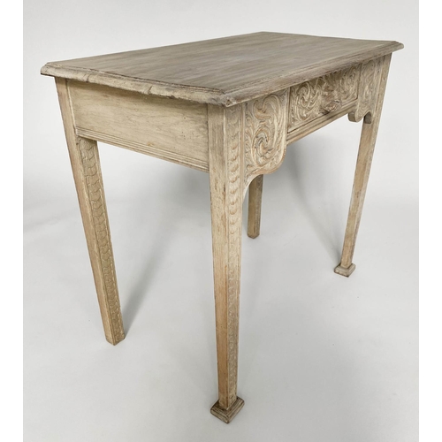 149 - LAMP/SIDE TABLE, French limed oak with lion mask drawer and fluted supports, 76cm H x 46cm x 85cm.