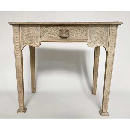 149 - LAMP/SIDE TABLE, French limed oak with lion mask drawer and fluted supports, 76cm H x 46cm x 85cm.