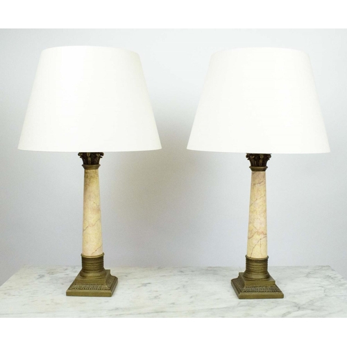 15 - LAMPS, a pair, corinthian column form marble and metal with shades, 70cm H. (2)