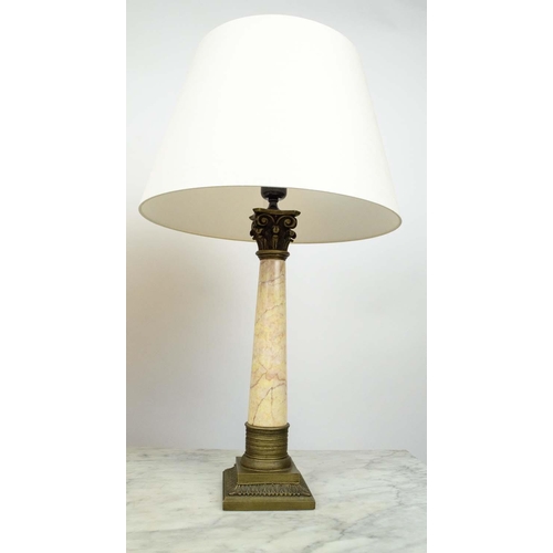 15 - LAMPS, a pair, corinthian column form marble and metal with shades, 70cm H. (2)