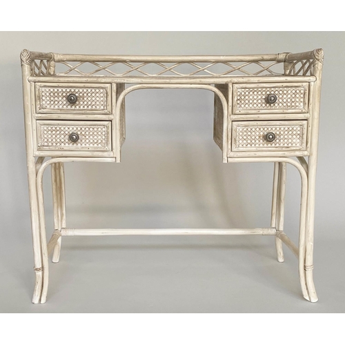 151 - HALL/WRITING TABLE, rattan framed wicker panelled and cane bound with gallery, four short drawers an... 