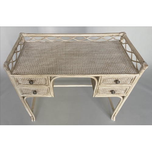 151 - HALL/WRITING TABLE, rattan framed wicker panelled and cane bound with gallery, four short drawers an... 