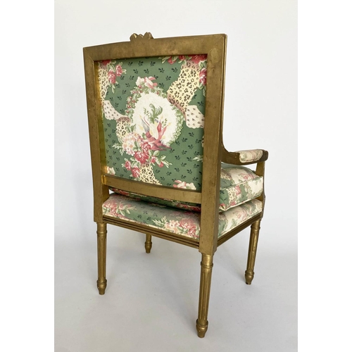 153 - FAUTEUIL, French Louis XVI style giltwood with country house floral bouquet upholstery, 64cm W.