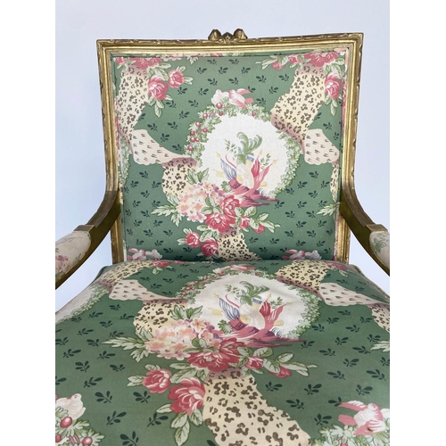 153 - FAUTEUIL, French Louis XVI style giltwood with country house floral bouquet upholstery, 64cm W.