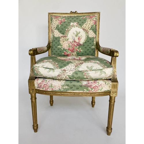 153 - FAUTEUIL, French Louis XVI style giltwood with country house floral bouquet upholstery, 64cm W.