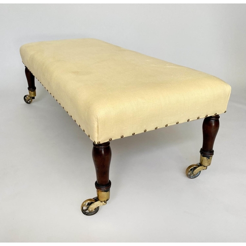 155 - HEARTH/CENTRE STOOL, English County House style rectangular lemon yellow linen upholstered with tall... 