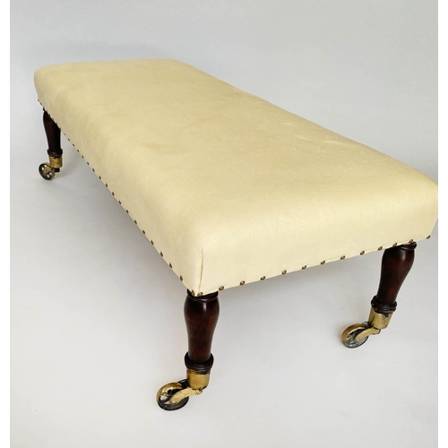 155 - HEARTH/CENTRE STOOL, English County House style rectangular lemon yellow linen upholstered with tall... 