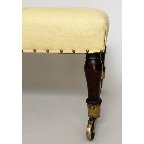 155 - HEARTH/CENTRE STOOL, English County House style rectangular lemon yellow linen upholstered with tall... 