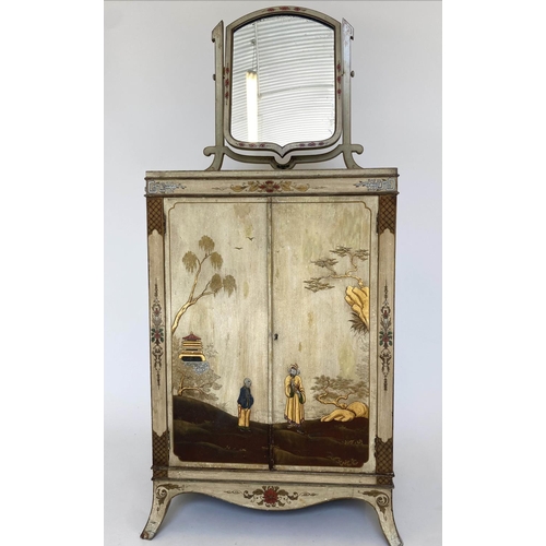 163 - DRESSING CABINET, early 20th century cream lacquered and gilt Chinoiserie decorated with swing mirro... 