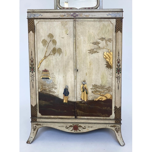 163 - DRESSING CABINET, early 20th century cream lacquered and gilt Chinoiserie decorated with swing mirro... 