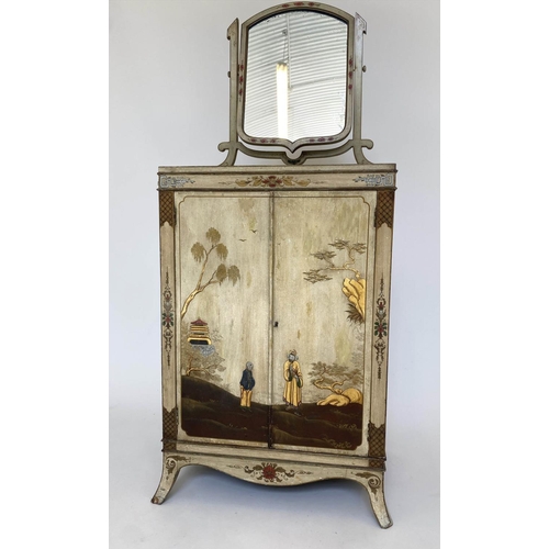 163 - DRESSING CABINET, early 20th century cream lacquered and gilt Chinoiserie decorated with swing mirro... 