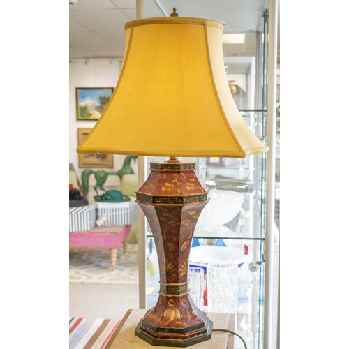 254 - ROCHAMP TABLE LAMP, red and gilt decorated, 46cm W x 79cm H including yellow silk shade.