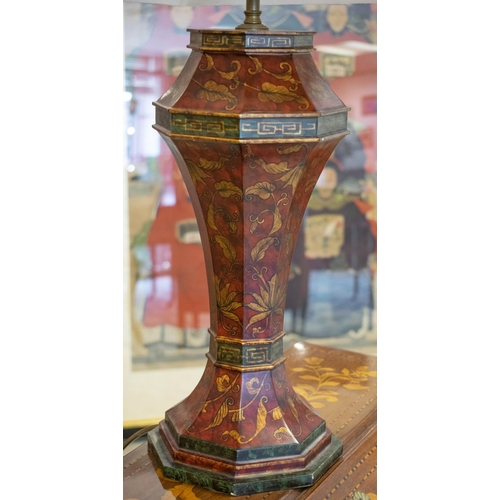 254 - ROCHAMP TABLE LAMP, red and gilt decorated, 46cm W x 79cm H including yellow silk shade.