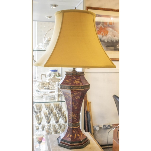 254 - ROCHAMP TABLE LAMP, red and gilt decorated, 46cm W x 79cm H including yellow silk shade.