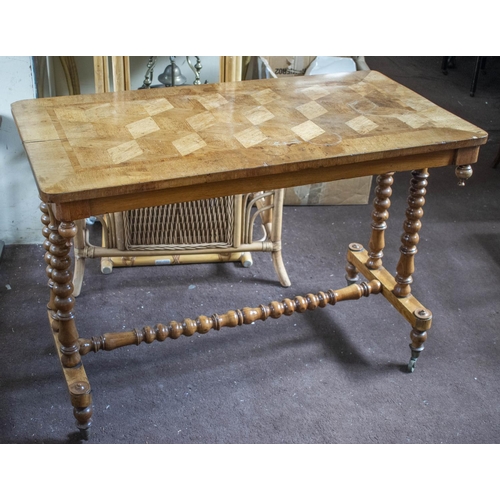 257 - CENTRE TABLE, 54cm x 74cm H x 102cm, Victorian with parquetry top on bobbin turned supports and cros... 