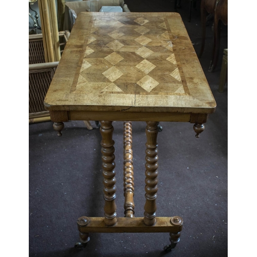 257 - CENTRE TABLE, 54cm x 74cm H x 102cm, Victorian with parquetry top on bobbin turned supports and cros... 