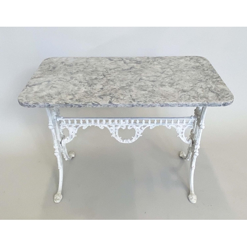 260 - CONSERVATORY/POTTING TABLE, Victorian chrome, variegated weathered marble on pierced cast iron trest... 