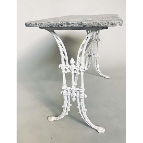 260 - CONSERVATORY/POTTING TABLE, Victorian chrome, variegated weathered marble on pierced cast iron trest... 