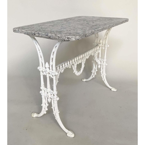 260 - CONSERVATORY/POTTING TABLE, Victorian chrome, variegated weathered marble on pierced cast iron trest... 