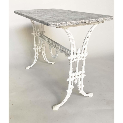 260 - CONSERVATORY/POTTING TABLE, Victorian chrome, variegated weathered marble on pierced cast iron trest... 