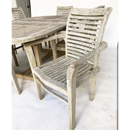 263 - EXTENDING GARDEN TABLE AND CHAIRS, a set, silvery weathered teak with eight armchairs and extending ... 