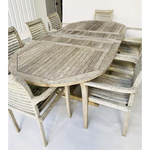 263 - EXTENDING GARDEN TABLE AND CHAIRS, a set, silvery weathered teak with eight armchairs and extending ... 