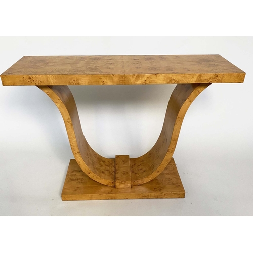 264 - CONSOLE TABLE, Art Deco style birds eye maple, rectangular with arched and stepped support, 120cm x ... 