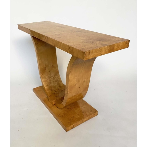 264 - CONSOLE TABLE, Art Deco style birds eye maple, rectangular with arched and stepped support, 120cm x ... 