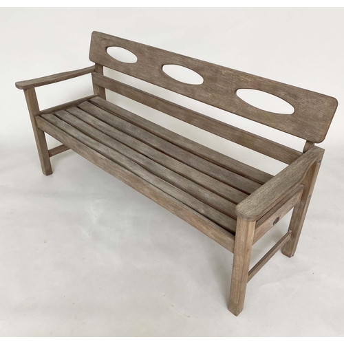 265 - GARDEN BENCH BY SWANN HATTERSLEY, 1960's teak with incised solid back and slatted seat, 152cm W.