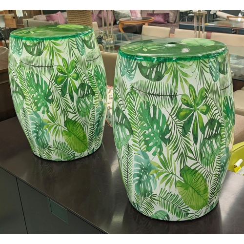 520 - BARREL STOOLS, a pair, tropical print glazed ceramic, 44cm H x 30cm diam. (2)