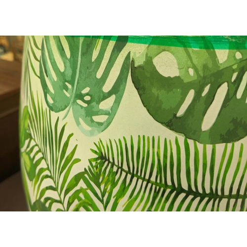 520 - BARREL STOOLS, a pair, tropical print glazed ceramic, 44cm H x 30cm diam. (2)