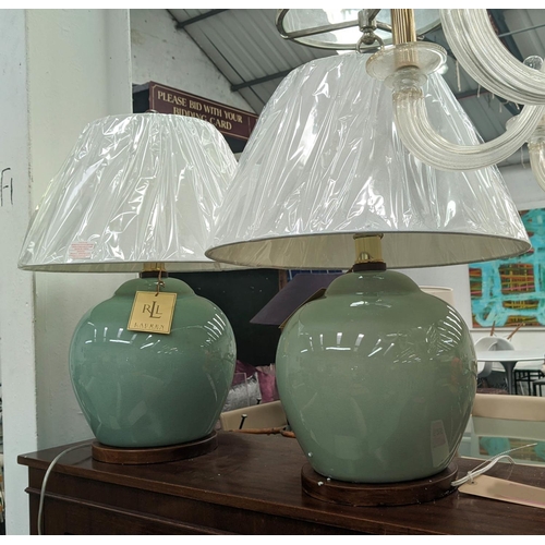 525 - LAUREN RALPH LAUREN CELEON GLAZED CERAMIC TABLE LAMPS, a pair, 62cm H, with shades. (2)